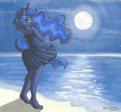 Size: 1200x1111 | Tagged: safe, artist:flutterthrash, imported from derpibooru, princess luna, alicorn, anthro, plantigrade anthro, unguligrade anthro, unicorn, barefoot, beach, clothes, commission, dress, feet, female, lidded eyes, looking at you, looking back, moon, night, night sky, ocean, open mouth, sand, smiling, solo, stars, water, wingless, wingless anthro