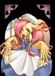Size: 951x1309 | Tagged: safe, artist:unousaya, imported from derpibooru, fluttershy, blushing, bowtie, butt wings, clothes, crying, dress, female, floppy ears, open mouth, solo, string bow tie