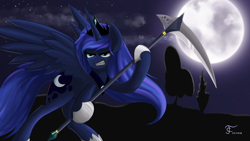 Size: 3840x2160 | Tagged: safe, artist:thunder chaser, imported from derpibooru, princess luna, angry, female, gritted teeth, moon, scythe, solo, weapon