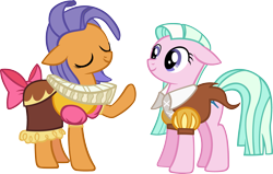 Size: 2871x1826 | Tagged: safe, artist:ironm17, imported from derpibooru, chancellor puddinghead, frying pan (character), smart cookie, tender brush, winter lotus, hearth's warming eve (episode), clothes, frying pan (g4), las pegasus resident, ruff (clothing), simple background, transparent background, vector