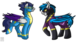 Size: 2776x1532 | Tagged: safe, artist:stormblaze-pegasus, imported from derpibooru, oc, oc only, oc:switch, oc:switch storm, clothes, commission, costume, duo, goggles, shadowbolts, shadowbolts costume, simple background, white background, wonderbolts uniform