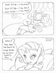 Size: 849x1100 | Tagged: safe, artist:circe, artist:steve budzinski, imported from derpibooru, rarity, anthro, comic:soreloser, arm behind head, black and white, grayscale, marshmelodrama, monochrome, solo, traditional art