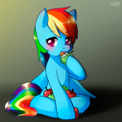 Size: 720x720 | Tagged: safe, artist:sakotach, imported from derpibooru, rainbow dash, apple, blushing, eating, female, fruit, green apple, herbivore, open mouth, sitting, solo