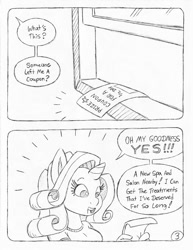 Size: 849x1100 | Tagged: safe, artist:circe, artist:steve budzinski, imported from derpibooru, rarity, anthro, comic:soreloser, black and white, grayscale, monochrome, spa, traditional art