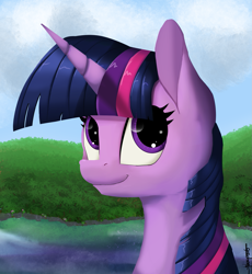 Size: 1215x1319 | Tagged: safe, artist:shikogo, imported from derpibooru, twilight sparkle, bust, cute, female, forest, lake, looking up, portrait, smiling, solo