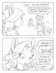 Size: 849x1100 | Tagged: safe, artist:circe, artist:steve budzinski, imported from derpibooru, blue nile, rarity, anthro, comic:soreloser, black and white, comic, grayscale, monochrome, traditional art