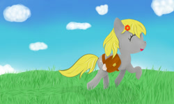 Size: 1000x600 | Tagged: safe, artist:lsimo, imported from derpibooru, derpy hooves, pegasus, pony, female, grass, happy, mare, solo, trotting