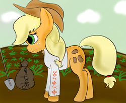 Size: 1331x1080 | Tagged: safe, artist:lsimo, imported from derpibooru, applejack, pony, alternate cutie mark, alternate universe, clothes, farming, female, food, potato, shirt, solo