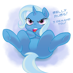 Size: 945x945 | Tagged: safe, artist:adequality, artist:glacierclear, color edit, edit, imported from derpibooru, trixie, pony, unicorn, blushing, colored, featureless crotch, female, imminent belly rub, looking at you, solo, underhoof