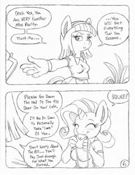 Size: 849x1100 | Tagged: safe, artist:circe, artist:steve budzinski, imported from derpibooru, blue nile, rarity, anthro, comic:soreloser, black and white, comic, grayscale, monochrome, traditional art