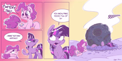 Size: 6000x3000 | Tagged: safe, artist:dilarus, artist:greyscaleart, deleted from derpibooru, imported from derpibooru, pinkie pie, twilight sparkle, feeling pinkie keen, abuse, comic, curse cut short, duo, flattened, interrupted, meteor, meteorite, pinkie sense, squashed, squished, tempting fate, twilybuse