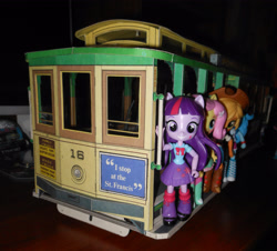 Size: 3456x3120 | Tagged: safe, artist:pmbsakura37, imported from derpibooru, applejack, fluttershy, rainbow dash, twilight sparkle, equestria girls, cable car, card model, clothes, doll, equestria girls minis, eqventures of the minis, female, irl, photo, skirt, toy, tram