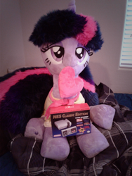 Size: 1932x2576 | Tagged: artist needed, safe, imported from derpibooru, twilight sparkle, bed, irl, nintendo, photo, plushie