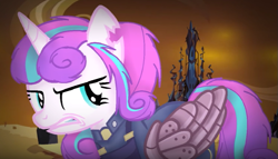 Size: 747x427 | Tagged: safe, artist:rainbow3838838, imported from derpibooru, princess flurry heart, alternate timeline, amputee, angry, augmented, crystal empire, crystal war timeline, female, fury heart, older, older flurry heart, prosthetic limb, prosthetic wing, prosthetics, solo