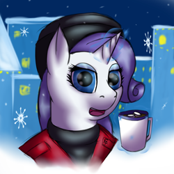 Size: 1280x1280 | Tagged: safe, artist:frecklesfanatic, imported from derpibooru, rarity, chocolate, christmas, female, food, hat, hot chocolate, marshmallow, snow, solo, winter