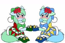 Size: 1280x853 | Tagged: safe, artist:naivintage, imported from derpibooru, oc, oc only, oc:brainstorm, oc:spearmint, earth pony, pony, blushing, christmas, crossdressing, cute, hoof touching, male, poinsettia, stallion, twins