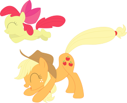 Size: 3549x2878 | Tagged: safe, artist:porygon2z, imported from derpibooru, apple bloom, applejack, adorabloom, cute, hat, jackabetes, leapfrog, ribbon, simple background, transparent background, vector