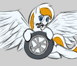 Size: 1400x1200 | Tagged: safe, artist:frecklesfanatic, imported from derpibooru, oc, oc only, unnamed oc, pegasus, pony, bedroom eyes, solo, spread wings, tire, wrench