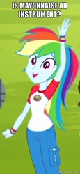 Size: 500x1091 | Tagged: safe, edit, edited screencap, imported from derpibooru, screencap, rainbow dash, equestria girls, legend of everfree, band geeks, cropped, female, image macro, is mayonnaise an instrument?, makeameme.org, meme, solo, spongebob squarepants