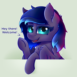 Size: 1000x1000 | Tagged: safe, artist:midnightsix3, imported from derpibooru, oc, oc only, oc:nyreen eventide, pegasus, pony, dialogue, ear fluff, eyelashes, fangs, fluffy, leaning, lidded eyes, looking at you, open mouth, simple background, smiling, solo, underhoof, waving, white background, wing fluff