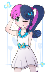 Size: 666x1000 | Tagged: safe, artist:windymils, imported from derpibooru, bon bon, sweetie drops, equestria girls, clothes, cute, dress, female, looking at you, one eye closed, ponytail, smiling, solo, wink