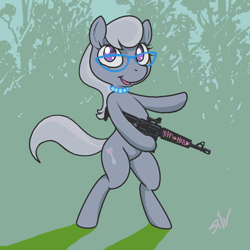 Size: 1000x1000 | Tagged: safe, artist:darkdoomer, imported from derpibooru, silver spoon, earth pony, pony, ar-15, ar15, bipedal, cute, female, filly, foal, gun, silverbetes, solo, vulgar, weapon, yiff