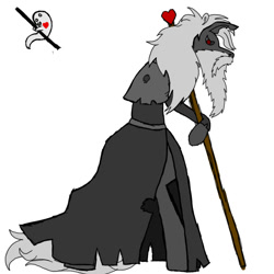 Size: 1000x1000 | Tagged: safe, artist:carnivore-alicorn, imported from derpibooru, oc, oc only, ghost, beard, cloak, clothes, curse, cutie mark, dark souls, facial hair, heart, off, old, simple background, solo, sorcery, staff, white background