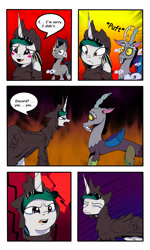 Size: 3000x5000 | Tagged: safe, artist:astroanimations, imported from derpibooru, discord, king sombra, princess celestia, comic:celestia's yearning, blushing, celestibra, cloak, clothes, comic, crying, male, reformed, shipping, straight