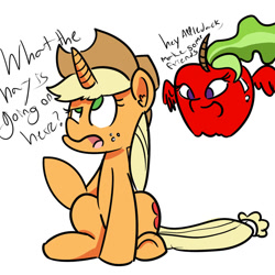 Size: 1024x1024 | Tagged: artist needed, safe, imported from derpibooru, applejack, princess celestia, pony, unicorn, apple, dialogue, duo, female, food, living apple, make some friends, mare, open mouth, race swap, simple background, sitting, spread wings, suspicious floating fruit, unicorn applejack, white background