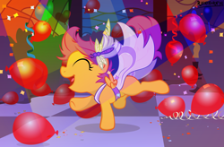 Size: 5727x3747 | Tagged: safe, artist:rainihorn, imported from derpibooru, scootaloo, make new friends but keep discord, balloon, clothes, confetti, dancing, dress, female, gala dress, grand galloping gala, solo, spotlight