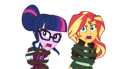 Size: 5000x2813 | Tagged: safe, artist:limedazzle, edit, imported from derpibooru, vector edit, sci-twi, sunset shimmer, twilight sparkle, equestria girls, friendship games, legend of everfree, absurd resolution, bondage, clothes, duo, i've seen enough hentai to know where this is going, leather jacket, open mouth, school uniform, show accurate, simple background, tied up, transparent background, vector, vine