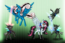 Size: 1200x800 | Tagged: safe, artist:inspiredpixels, imported from derpibooru, oc, oc only, oc:emala jiss, oc:miss smile, alicorn, changeling, pegasus, pony, female, fight, magic, mare