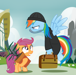 Size: 1000x982 | Tagged: safe, artist:pixelkitties, edit, editor:totallynotanoob, imported from derpibooru, rainbow dash, scootaloo, clothes, flower pot, glasses, léon, parody, suitcase, the professional