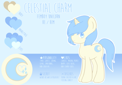 Size: 2123x1473 | Tagged: safe, artist:blissprism, imported from derpibooru, oc, oc only, oc:celestial charm, pony, unicorn, femboy, male, reference sheet, solo