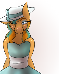 Size: 720x890 | Tagged: safe, artist:thyra, imported from derpibooru, oc, oc only, oc:cold front, anthro, bonnet, bow, clothes, crossdressing, dress, eyelashes, eyeshadow, hat, looking at you, makeup, male, one eye closed, simple background, solo, stallion, trap, vintage, white background, wink