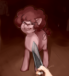 Size: 706x778 | Tagged: safe, artist:stardrawsponies, imported from derpibooru, oc, oc only, oc:bread, pony, :3, hand, knife, knife cat, looking at you, meme, offscreen character, parody, ponified, ponified animal photo, pov, smug, solo focus