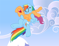 Size: 2843x2222 | Tagged: safe, artist:tay-houby, color edit, edit, imported from derpibooru, rainbow dash, scootaloo, pegasus, pony, colored, cute, cutealoo, dashabetes, laughing, nose in the air, raspberry, scootalove, tickling, tummy buzz