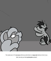 Size: 666x800 | Tagged: safe, artist:egophiliac, imported from derpibooru, princess luna, oc, oc:sunshine smiles (egophiliac), bat pony, pony, moonstuck, eyepatch, filly, grayscale, monochrome, wall, woona, woonoggles, younger