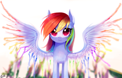 Size: 2502x1599 | Tagged: dead source, safe, artist:gianghanz, imported from derpibooru, rainbow dash, female, looking at you, smiling, solo, spread wings