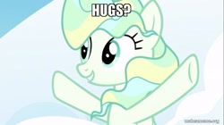 Size: 800x449 | Tagged: safe, edit, edited screencap, imported from derpibooru, screencap, vapor trail, pegasus, pony, top bolt, bronybait, cute, female, grin, hug request, hugs needed, hugs?, image macro, makeameme.org, mare, meme, smiling, solo, underhoof
