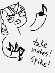 Size: 2592x3456 | Tagged: safe, artist:potatobug, derpibooru exclusive, imported from derpibooru, spike, twilight sparkle, abuse, black and white, derp, female, grayscale, implied spike, monochrome, music notes, pun, simple background, solo, spikeabuse, visual pun, wat, white background