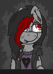 Size: 523x725 | Tagged: safe, artist:lazerblues, imported from derpibooru, oc, oc only, oc:miss eri, black and red mane, chest fluff, clothes, ear piercing, jacket, piercing, shirt, solo, two toned mane
