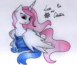 Size: 2080x1766 | Tagged: safe, artist:coffytacotuesday, imported from derpibooru, princess celestia, princess luna, cewestia, cute, eyes closed, female, filly, filly celestia, filly luna, hug, pink-mane celestia, prone, sisters, traditional art, winghug, woona, younger