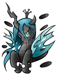Size: 600x777 | Tagged: safe, artist:miszasta, imported from derpibooru, queen chrysalis, changeling, changeling queen, crown, female, jewelry, regalia, simple background, solo, tongue out, watermark