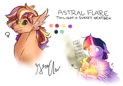 Size: 1024x717 | Tagged: safe, artist:shellielle, deleted from derpibooru, imported from derpibooru, twilight sparkle, oc, oc:astral flare, alicorn, original species, chest fluff, floppy ears, heart, magical lesbian spawn, offspring, open mouth, parent:sunset shimmer, parent:twilight sparkle, parents:sunsetsparkle, simple background, smiling, twilight sparkle (alicorn), unshorn fetlocks, wide eyes