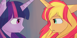 Size: 1024x512 | Tagged: safe, artist:jukkara, imported from derpibooru, sunset shimmer, twilight sparkle, alicorn, anthro, looking at each other, twilight sparkle (alicorn)