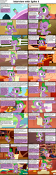 Size: 1282x4018 | Tagged: safe, imported from derpibooru, spike, comic:celestia's servant interview, absurd resolution, book, caption, comic, cookie, cs captions, duster, food, interview, male, parchment, ponyville, quill, solo