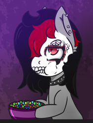 Size: 550x732 | Tagged: safe, artist:lazerblues, imported from derpibooru, oc, oc only, oc:miss eri, black and red mane, candy, choker, dia de los muertos, ear piercing, face paint, food, piercing, solo, two toned mane