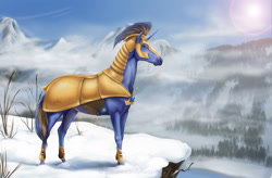 Size: 2500x1640 | Tagged: safe, artist:stasushka, imported from derpibooru, oc, oc only, oc:bluestar, horse, pony, unicorn, armor, cliff, hoers, realistic, royal guard, snow, solo