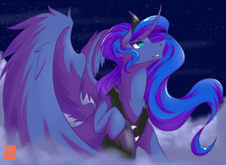 Size: 2000x1467 | Tagged: safe, artist:azarakikun, deleted from derpibooru, imported from derpibooru, princess luna, cloud, looking up, solo, spread wings, stars